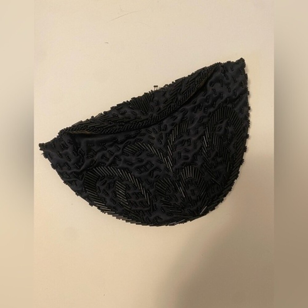 Vintage Fine Arts Bag Black Beaded Satin Evening Clutch Pouch